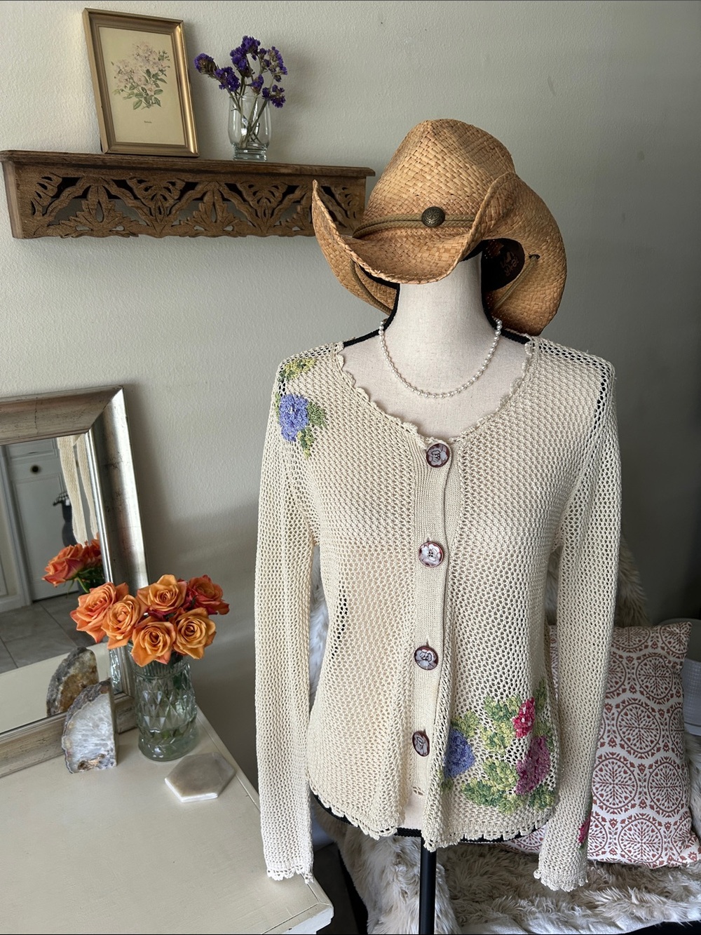 J.Jill Vtg cottage open knit cardigan linen floral embroidered sweater S